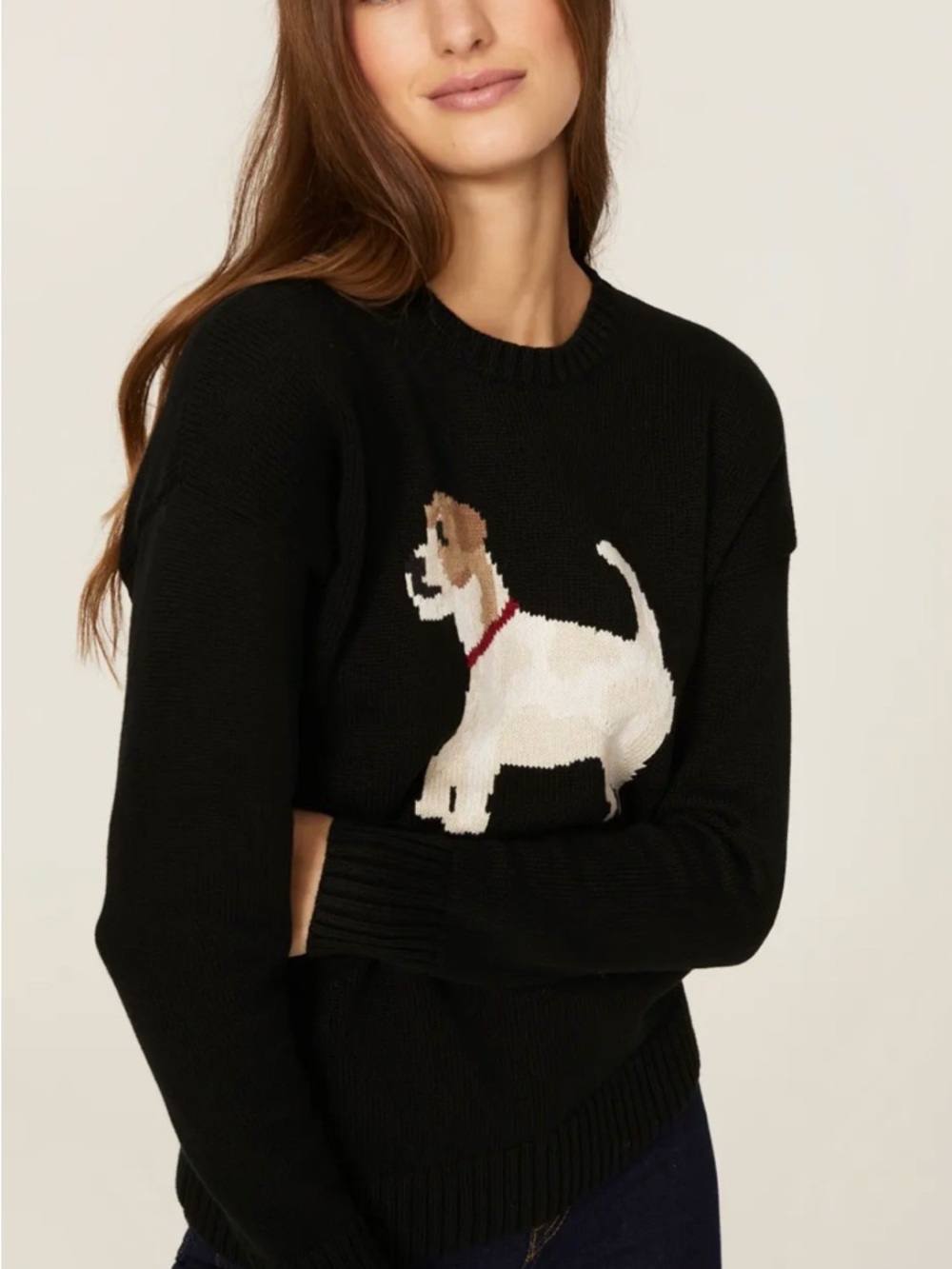 Ralph Lauren Black Crewneck Sweater with Cream & Tan Dog Intarsia - Picture 2 of 9